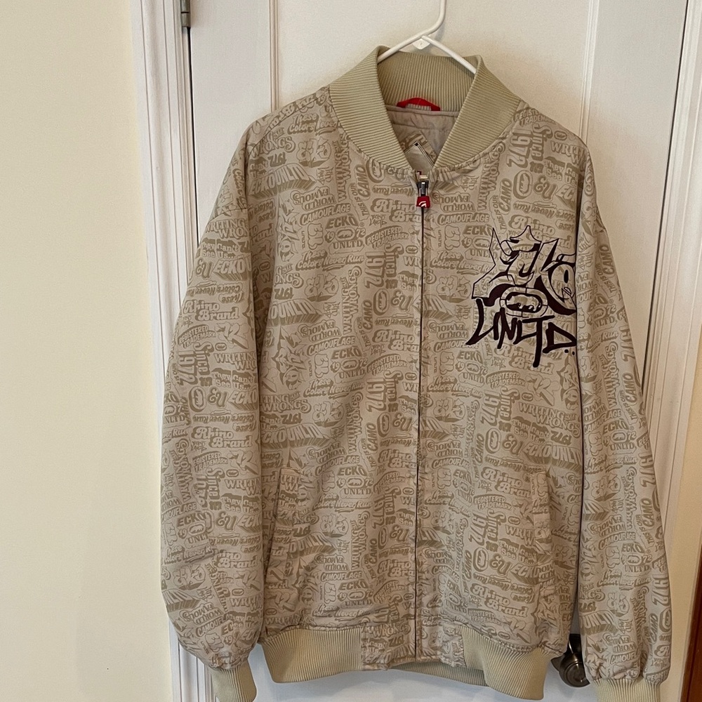 Ecko unltd BomberJacket Rare Vintage‎ Graffiti Print Y2K Men’s L Tan Zipper Flaw